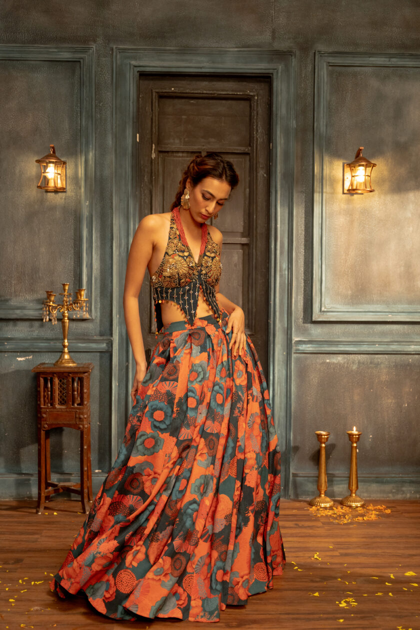 Teal pleated skirt with handwork embroidered choli - Image 4