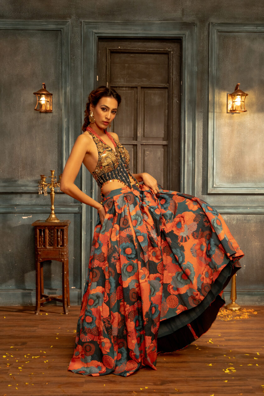 Teal pleated skirt with handwork embroidered choli - Image 3