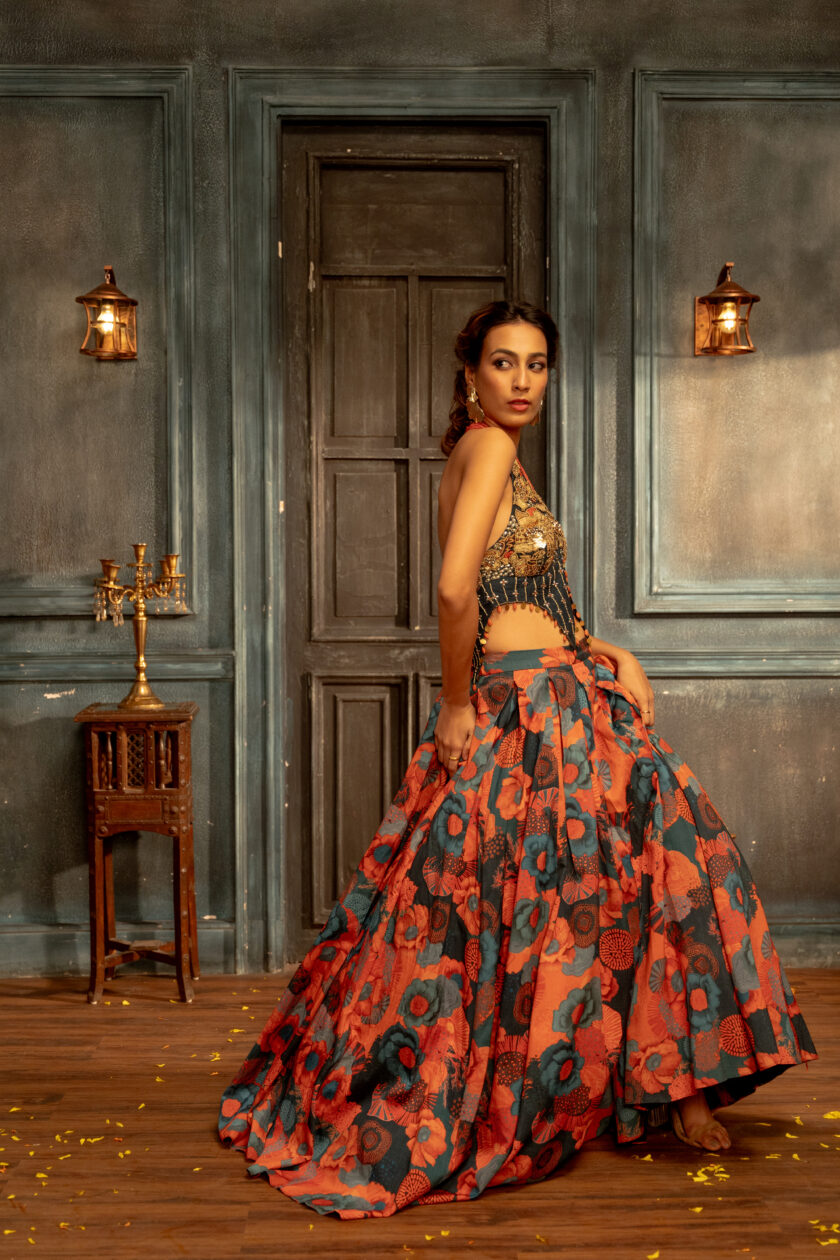 Teal pleated skirt with handwork embroidered choli - Image 5