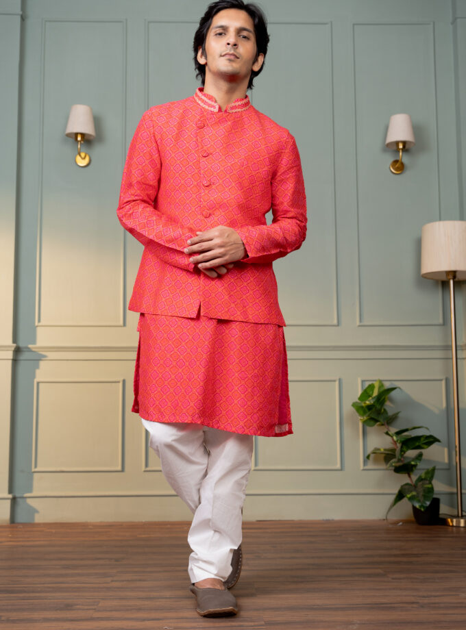 Coral silk checks printed bandi kurti with mirror work