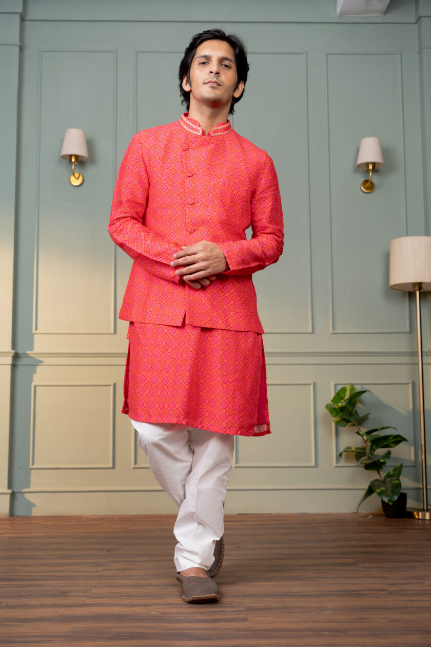 Coral silk checks printed bandi kurti with mirror work