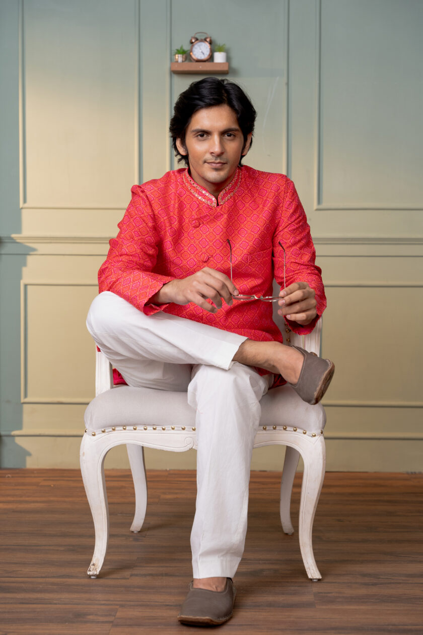Coral silk checks printed bandi kurti with mirror work - Image 2
