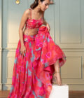 Pink organza printed gathered lehnega with  embroidered choli