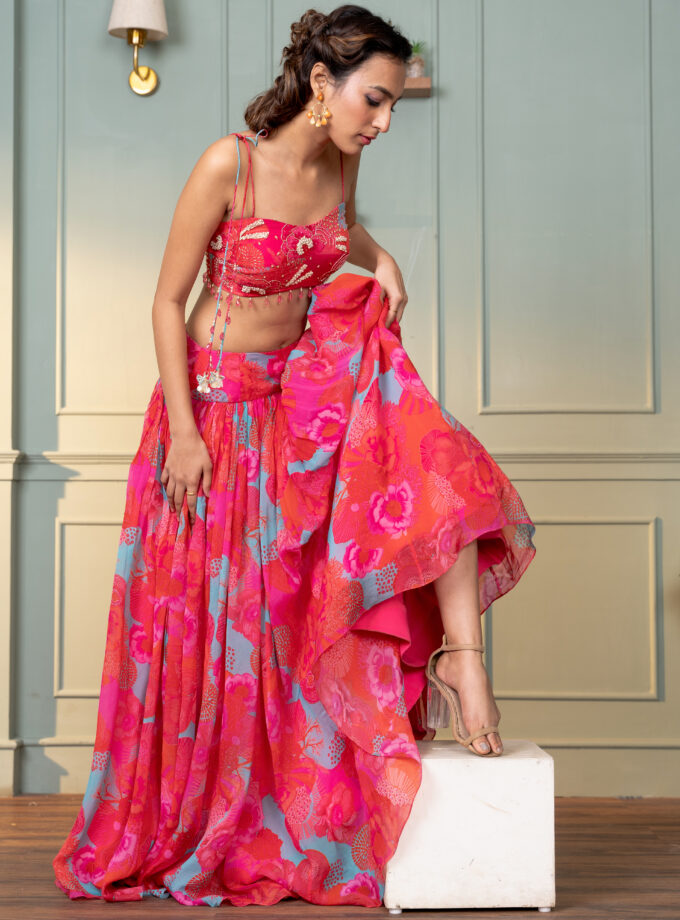 Pink organza printed gathered lehnega with  embroidered choli