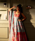 Feroze blue printed silk kali kurta set with handwork  embroidery