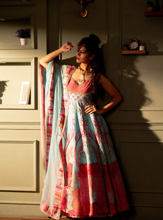 Feroze blue printed silk kali kurta set with handwork  embroidery
