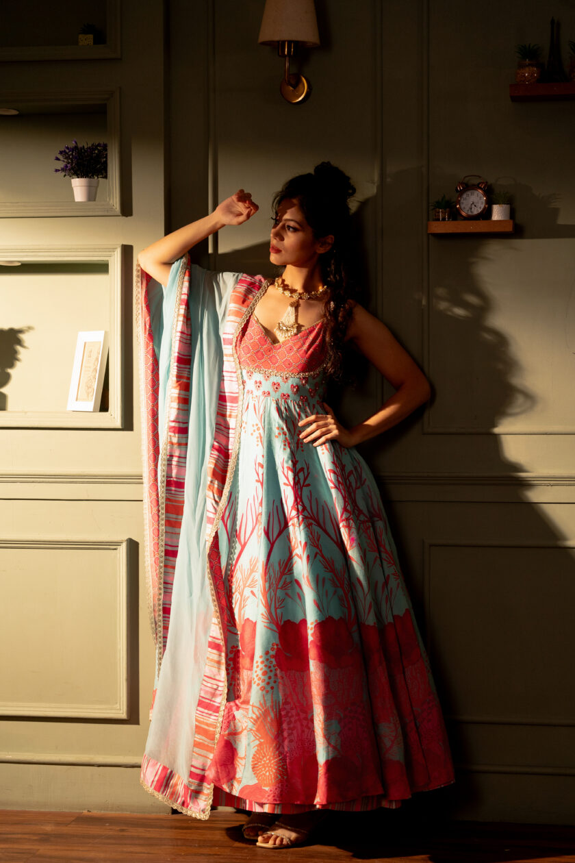 Feroze blue printed silk kali kurta set with handwork  embroidery