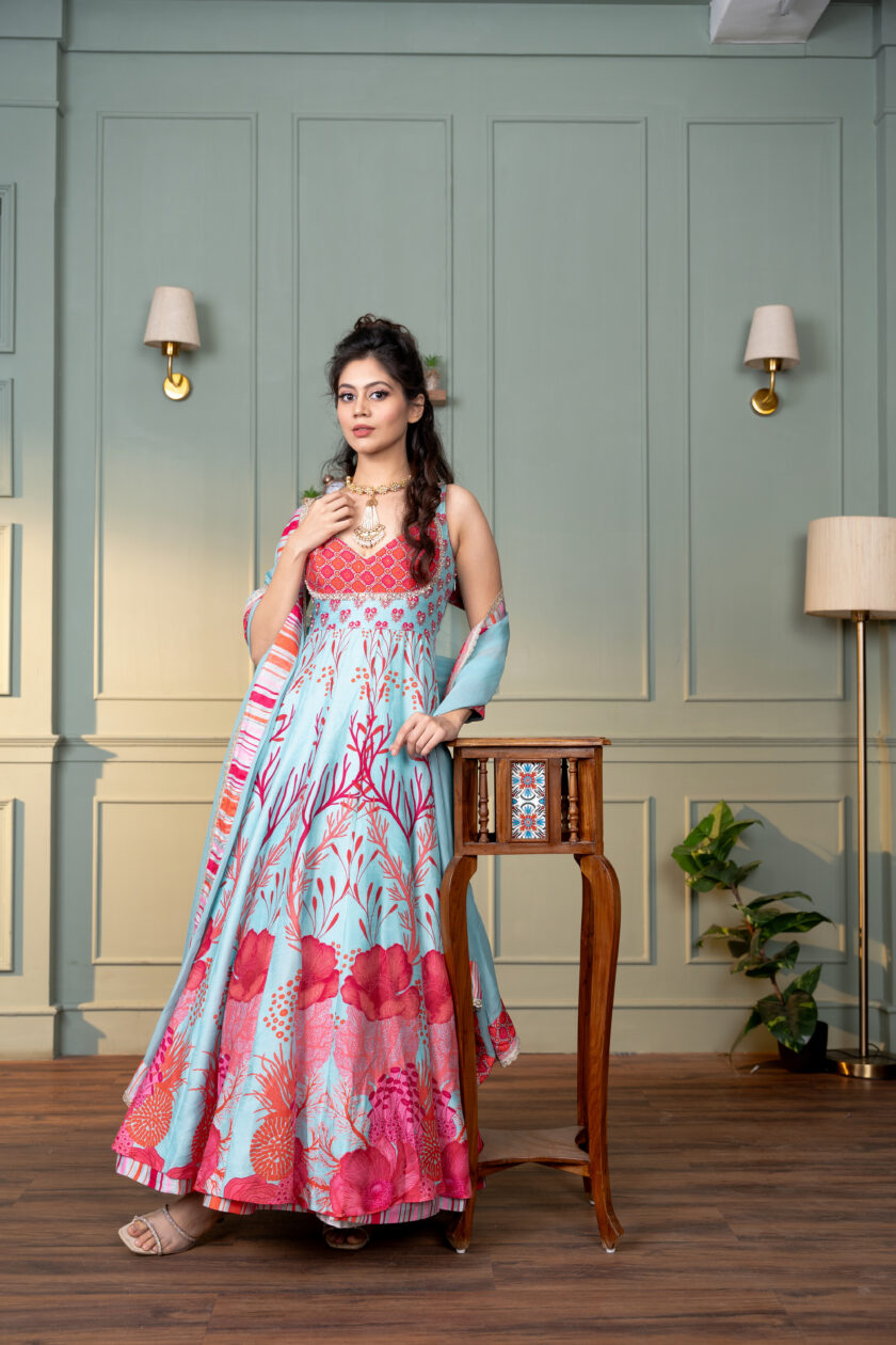 Feroze blue printed silk kali kurta set with handwork  embroidery - Image 4