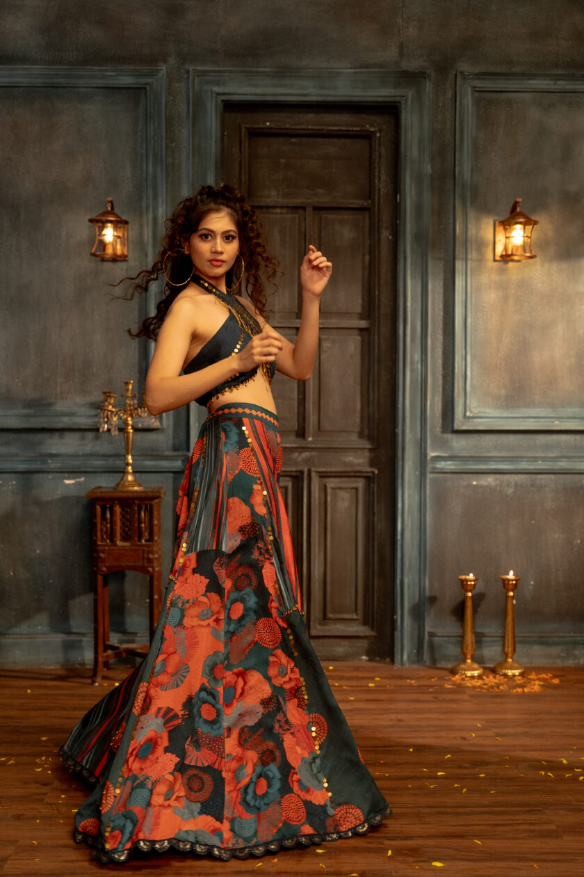 Teal patchwork palazzo set with draped choli - Image 2