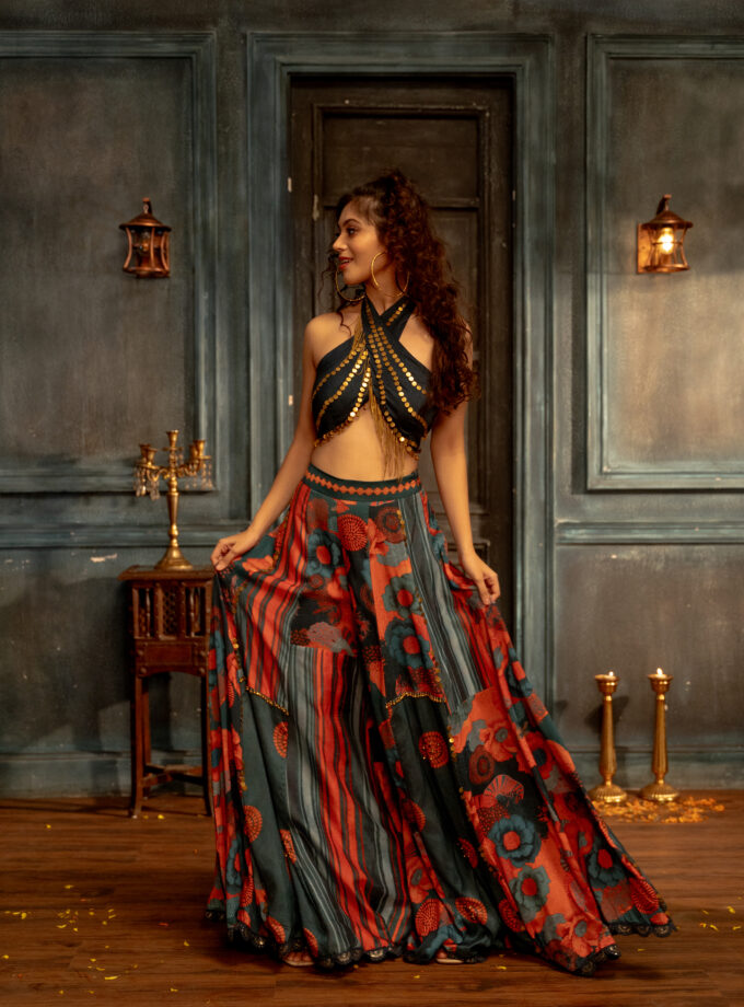 Teal patchwork palazzo set with draped choli