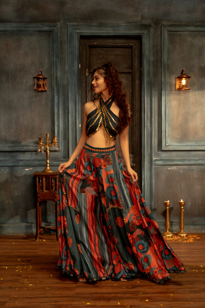 Teal patchwork palazzo set with draped choli