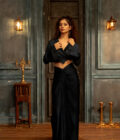 Teal drape skirt with crop jacket with handwork  embroidery
