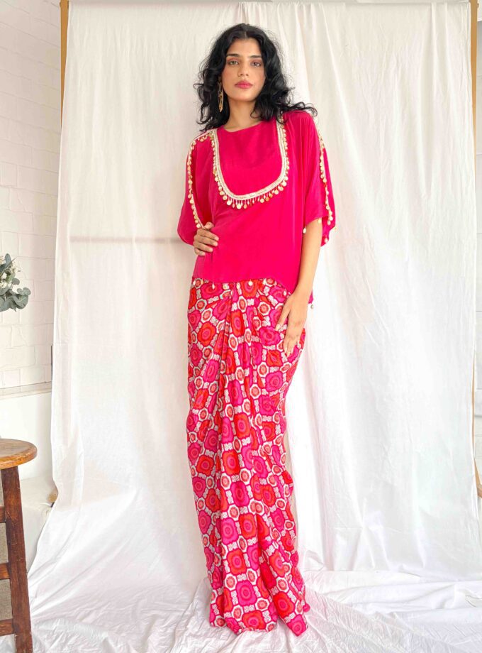 Pink kaftan kurta with embellishments and a draped skirt