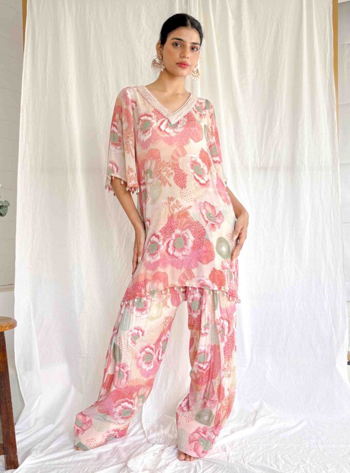 Printed kurta with peal embroidery on the neck with Farshi salwar