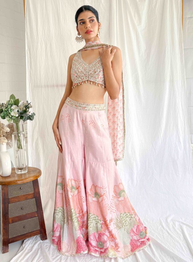 Printed Kali Mughal sharara with mirror work embroidered choli and duppatta