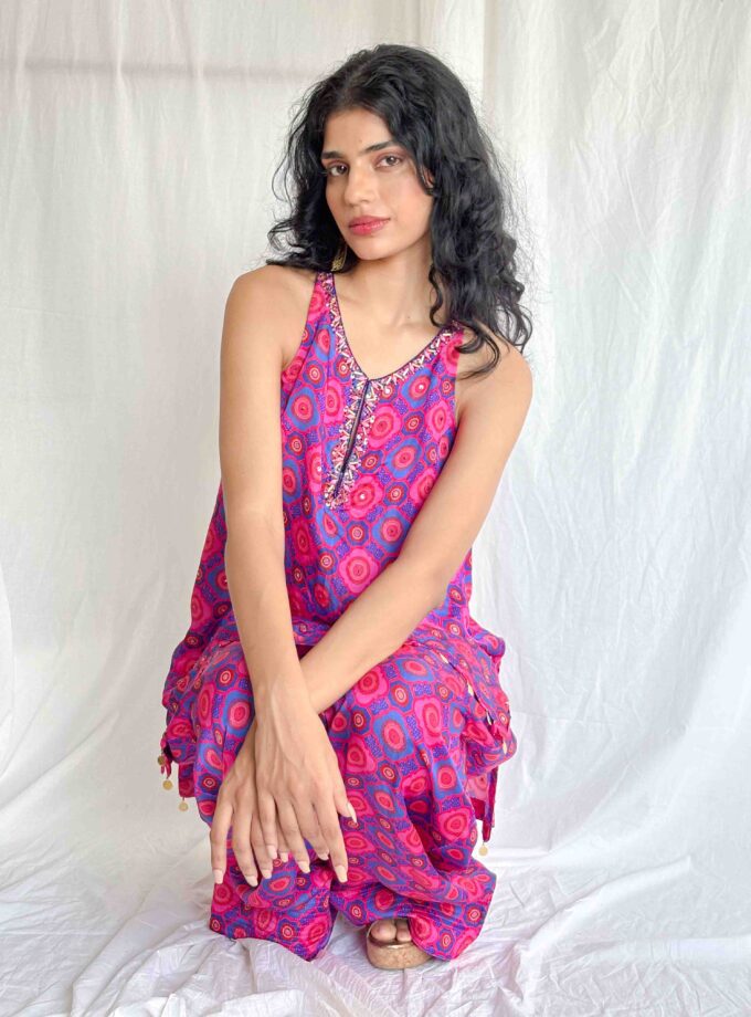 Printed crepe silk short kurta with embroidery work and farshi salwar