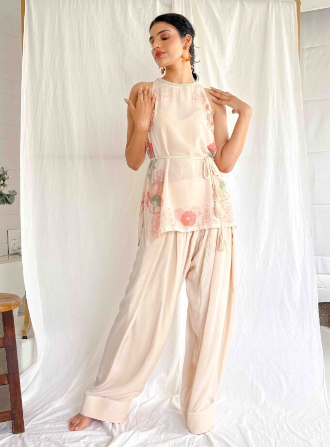 Printed crepe silk short kurta with pearl work and Farshi pants