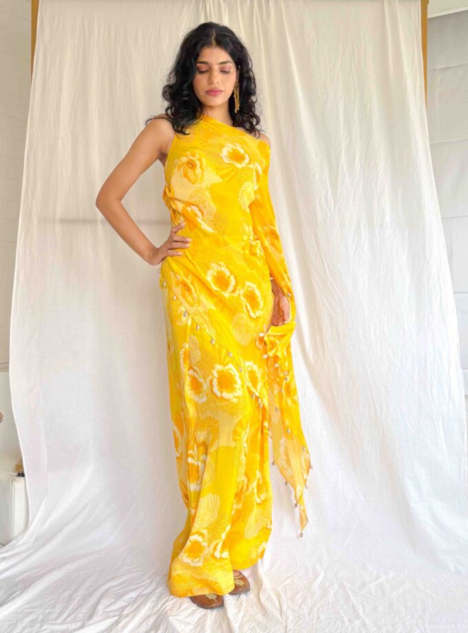 Yellow printed draped short kurta embellished with shells and Farshi salwar
