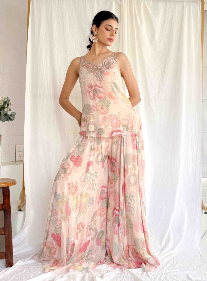 Printed Georgette short kurta with mirror work embroidery with sharara