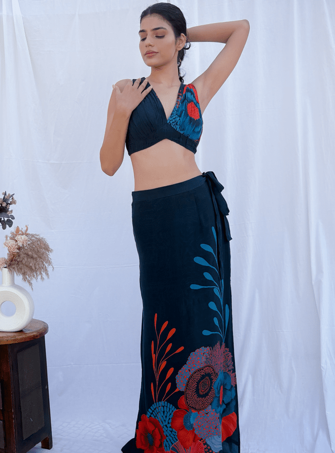 Draped printed choli with straight skirt with slits on the side