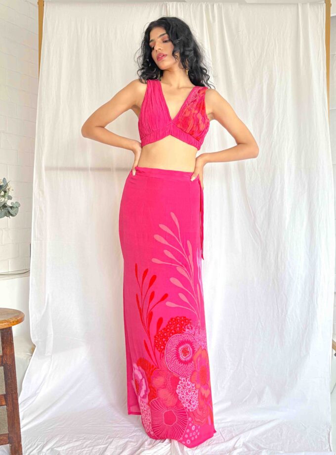 Draped printed choli with straight skirt with slits on the sides